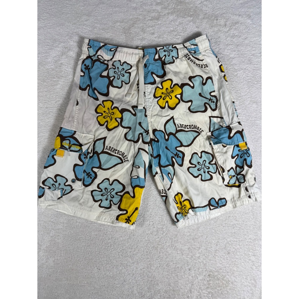 Abercrombie Board Shorts Mens XL White Blue Floral Good Y2K Hibiscus Surf Trunks